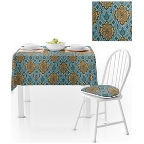 Resim Damask Desenli Hardal Mavi Dijital Baskılı Süet Dokuma Masa Örtüsü 140x260 