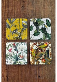 Resim Doğal Taş Bardak Altlığı Tropikal Desenler 1 Baskılı 4'lü Set Çok Renkli 