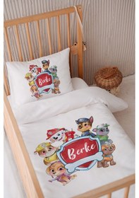 Resim %100 Pamuk Saten Isme Özel Isimli 100x150 Bebek Yatak Nevresim Seti Köpek Kahramanlar Takımı 