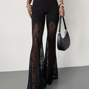 Resim Kadınlar için Y2K Şeffaf Dantel Paça Pantolon - Kontrastlı Kenarlı Çan Kesim Geniş Bacak, Tüm Mevsimler İçe Siyah & Dantelli Parti ve Günlük Giysiler (Makinede Yıkanabilir) Zarif Dantel Çorap 