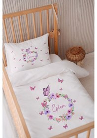 Resim %100 Pamuk Saten Isme Özel Isimli 100x150 Bebek Yatak Nevresim Seti Kelebekler 