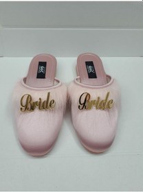 Resim Bride Gelin Topuksuz Kaz Tüyü Terlik Pudra-gold Yazılı Pudra 
