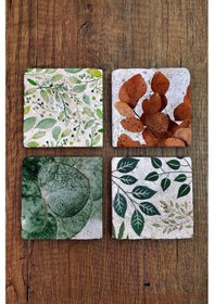 Resim Doğal Taş Bardak Altlığı 4'lü Set - Yaprak Desenleri Bardak Altlığı - Stone Coasters Çok Renkli 