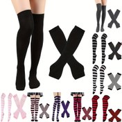 Resim 2 Çift Kadın Çizgili Diz Üstü Çorap ve Kol Isıtıcı Seti, Polyester Örme Kumaş, Elde Yıkanabilir, Kuru Temizlenemez, Kış Sıcaklığı Uzun Boru Çorapları ve Uzun Kol Manşonları Kombosu 