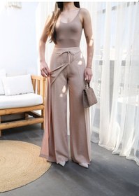 Resim Keten Önü Çapraz Parçali Lasti Kli Ve Bağcikli Geni Ş Paça Pantolon Pudra 