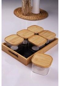 Resim Duo 400ml 6'lı Bambu Siyah Mermer Desen Tepsili Bambu Vakumlu Kapaklı Cam Kahvaltılık Bambu 