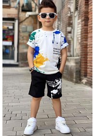 Resim Riccotarz Erkek Çocuk Bisiklet Yaka Üzeri Renki Boya Desenli T-shirt Beli Lastikli Siyah Şortlu Takım Siyah 