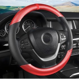 Resim Dashanshop Karbon Fiber Kırmızı 15 İnç Evrensel Anti Kaymış Direksiyon Kılıfı Karbon Fiber Kırmızı 