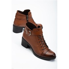 Resim Hakiki Deri Kadın Topuklu Bot Taba Kısa Bağlı Fermuarlı-3237 Taba 