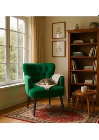 Resim Waterybrook Tekli Berjer Koltuk - Kapitoneli Babyface Kumaş - Siyah Ahşap Ayaklı - Retro Modern Tasarım Yeşil 