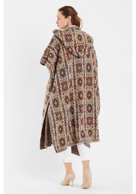 Resim Uludağ Triko Kadın Kilim Desen Kapşonlu Panço Taş-Std Taş 