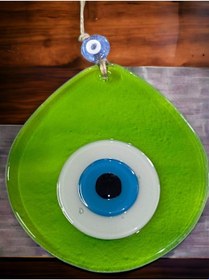 Resim Orta Boy Şeffaf Yeşil Damla Desen Nazar Boncuklu Duvar Dekoru Cam Duvar Süsü 