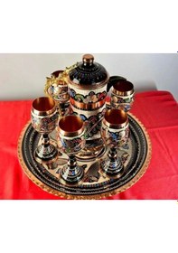 Resim 6lı Bakır Kadeh Meşrubat Bardağı Ve Sürahi,yuvarlak Tepsi 