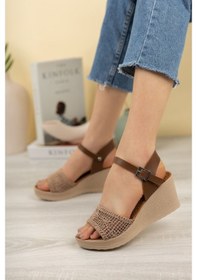 Resim Gimer - Dolgu Topuk Örgülü Tek Bant Kadın Sandalet - Ifs6007G Taba 