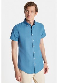 Resim Tudors Erkek Slim Fit Dar Kesim Kısa Kollu Spor Yaka Oxford Doku Pamuklu İndigo Gömlek-34364 İndigo 