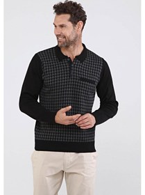 Resim Çizgi Triko Erkek Polo Yaka Çelik Örgü Triko Kazak 4605F Siyah 