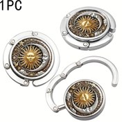 Resim Vintage Güneş ve Ay Tasarımı Çinko Alaşım Katlanabilir El Çantası Askısı, Taşınabilir Masa Üstü Çanta saç tokası, Kadınlar için Retro Stil Çanta Tutucu, Çanta Depolama Organizatörü, Çanta Asma Sistemi 