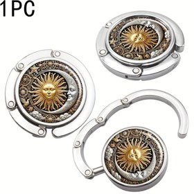 Resim Vintage Güneş ve Ay Tasarımı Çinko Alaşım Katlanabilir El Çantası Askısı, Taşınabilir Masa Üstü Çanta saç tokası, Kadınlar için Retro Stil Çanta Tutucu, Çanta Depolama Organizatörü, Çanta Asma Sistemi 