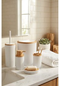 Resim Makri Home Beyaz Bambu Desenli 5 Parça Banyo Seti Çöp Kovası, Wc Fırçalık, Sıvı Sabunluk, Diş Fırçalık,sabunluk 