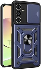 Resim Samsung Galaxy A04S Kılıf Sürgülü Kamera Korumalı Yüzüklü Stand Olabilen Magnetic Tpu Tank Kapak Lacivert 
