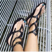 Resim DaphneSandals Hakiki Deri Siyah Gladyatör Kadın Sandalet 
