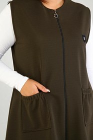 Resim Kadin Buyuk Beden Uzun Yelek Ottoman Çelik Örme - Haki / 2XL 