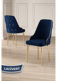 Resim Canisa Vae Serisi 90x160 Lak Panel Beyaz Mermer Desen Gold Ayak Masa Takımı 6 Lacivert Sandalye Beyaz Mermer Desen Masa Sandalyeler Lacivert 