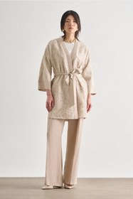 Resim Mizalle Örgü Nakışlı Bej Rengi Premium Kimono Ceket 