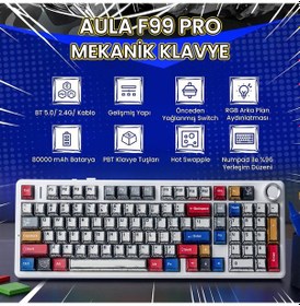 Resim Aula F99 Pro 3 Modlu Rgb Hot Swap Mekanik Star Vector Switch Kablosuz Makrolu Klavye Comic 