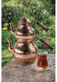 Resim Dmt Copper Home Bakır Küçük Boy 3 Kişilik Çaydanlık El Dövmesi Gaziantep Üretimi, Alt 900 Ml Üst 500 Ml Bakır 