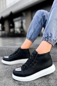 Resim shoecide Sho267 Bağcıklı Yüksek Taban Cbt Roma Mirror Erkek Spor Bot Sıyah 