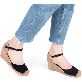 Resim Star Tombis Gerçek Elişi Burnu Hasır Dolgu Topuk Siyah Keten Hasır Espadril Handmade 