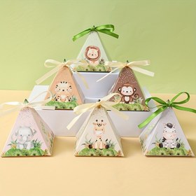 Resim 12 adet Renkli Kavrama ile Orman Macerası Parti Hediye Kutusu - Küçük Hayvan Tasarımları, Üçgen Kağıt Kutuları Gençler için Duşlar, Doğum Günleri ve Orman Macerası Temalı Kutlamalar, Orman Macerası Doğum Günü Süslemeleri 