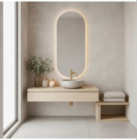 Resim 45x101 Cm Modern Oval Led Banyo Aynası Dokunmatik, Dim Edilebilir 3000k Günışığı Sarı 
