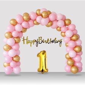 Resim 1 Yaş Retro Gold Pembe Balon Happy Birthday Banner Gold Rakam Doğum Günü Süsleme Çok Renkli 