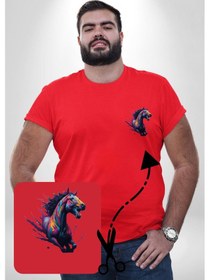 Resim Angemiel Renkli At Koşu Kırmızı Büyük Beden Kadın Basic Minimal Baskılı Tişört Kırmızı 