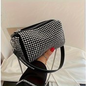 Resim Parlak Rhinestone Detaylı, Fermuar Kapanışı ve Polyester Astarlı Şık Siyah Kadife Omuz Çantası - Kadınlar için Rahat Kıyafetler İçin Moda Aksesuarı, Çok Yönlü Crossbody Çanta | Şık Aksesuar | Dekoratif Fermuar Çekicileri 
