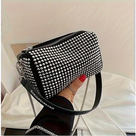Resim Parlak Rhinestone Detaylı, Fermuar Kapanışı ve Polyester Astarlı Şık Siyah Kadife Omuz Çantası - Kadınlar için Rahat Kıyafetler İçin Moda Aksesuarı, Çok Yönlü Crossbody Çanta | Şık Aksesuar | Dekoratif Fermuar Çekicileri 