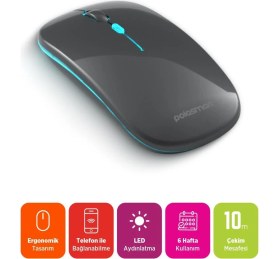 Resim Polosmart PSWM20 LED Aydınlatmalı Sessiz Kablosuz Bluetooth 1600DPI Mouse Gri 