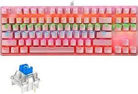 Resim coverzone Leaven K550 Kablolu Pembe Klavye Led RGB 87 Tuşlu Gökkuşağı Renler Mekanik Oyuncu Işıklı Klavye Ergonomik Tasarım Rahat 150cm Kablo Uzunluğu Bilgisayar PC için Mavi Switch 