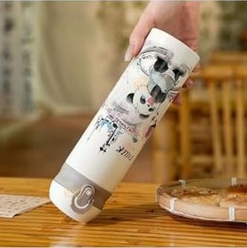 Resim Vagonlife Diller 480ml Sevimli Hayvanlar Desenli Pipetli Kilitlenebilir Kapak Paslanmaz Çelik Termos (Panda) 