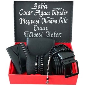 Resim Carlino Erkek Siyah Deri Kemer Cüzdan Kartvizit Tesbih 3 Adet Bileklik Siyah 