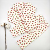 Resim bebekstar Bebek Star Krem Çilek Desenli Kız Bebek Pijama Takımı %100 Cotton 