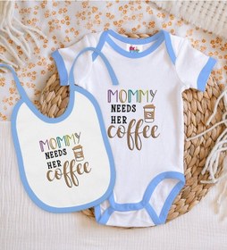 Resim Bk Kids Mommy Needs Her Coffee Tasarımlı Mavi Bebek Body Zıbın Ve Çok Renkli 