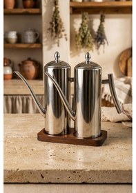 Resim Atbyhome 2'li Çelik 3 Parça 1000ml Standlı Çok Amaçlı Demlik Yağlık Yağdanlık Seti Çelik 