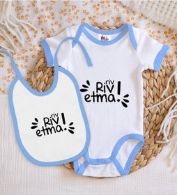 Resim Bk Kids Riv Riv Etma Tasarımlı Mavi Bebek Body Zıbın Ve Mama Önlü Çok Renkli 