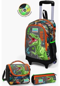 Resim Coral High Kids Siyah Gri Dinozor Desenli Çekçekli 3'lü Çanta Seti Set0123944 
