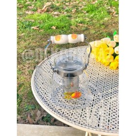 Resim Paçi Cam 1200 ml Turuncu Çiçek Detaylı Tutmalı Isıya Dayanıklı Demlik 
