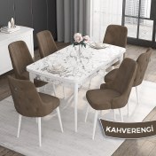 Resim Canisa Concept Noa Serisi,80 x 132 cm Açılabilir Mdf Masa,beyaz Mermer Desen Mutfak Masa Takımı, 6 Sandalye Gümüş Halkalı 