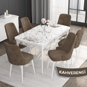Resim Canisa Concept Noa Serisi,80 x 132 cm Açılabilir Mdf Masa,beyaz Mermer Desen Mutfak Masa Takımı, 6 Sandalye Gümüş Halkalı 